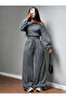 Women's Anthracite Boat Neck Sweatshirt with Stitching Detail Top and Bottom Set - 5