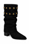 Women's Gold Belt Detailed Bellows Detailed Stylish Thick Heeled Diane Black Suede Boots - 5