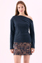 Crep Women's 100% Cotton Interlock Asymmetrical Boat Neck Single Shoulder Long Sleeve Blouse Navy Blue - 7