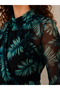 Women's Black Green Leaf Patterned Long Sleeve Gathered Detailed Lined Tulle Blouse - 2