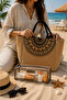 2-Piece Beach Bag and Makeup Bag Set – Straw Ethnic Pattern Beach Bag and Transparent Cosmetic Bag - 2
