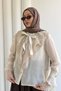 Lace-Up Detailed Crew Neck Shirt with Lace Detail and Flared Sleeves - 2