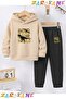 Dinosaur Dino Printed Winter Children's Hooded Top and Bottom Cotton Track Suit Set (Bottom Pants with Pockets)