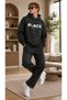 Men's Black Future Printed Tracksuit Set / Hooded Sweatshirt with Kangaroo Pocket and Straight-Leg Bottoms