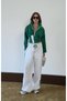 Design Line Detail Premium Series Stand-Up Collar Corsage Detail Back String Tie Sweat Blouse, Palazzo Wide Leg Lace-Up Pants Tracksuit Set - 2