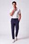 Men's Navy Blue Trousers with Elastic Waist, Lycra, Non-Marking, Regular Fit, Casual Lace-Up Jogger Style - 2