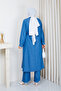 Women's Slit Detailed Stone-Embellished Two-Piece Denim Set with Pants - 7