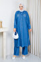 Women's Slit Detailed Stone-Embellished Two-Piece Denim Set with Pants - 3