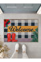 Welcome Written Red Boots Plaid Door Mat 40X60 cm - Washable Non-Slip Base Mat