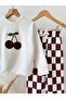 Girl's Cherry Embroidered Ecru School Sweatshirt and Checkerboard Patterned Sweatpants Set - 5