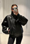 Zr Model Stand Collar Vein Patterned Soft Fabric Water Repellent Women's Viral Oversize Leather Jacket Coat - 3