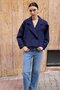 Navy Blue Double-Breasted Short Trench Jacket with Pocket Detail - 9647 - 3