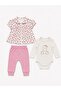 Baby Girl Floral Patterned Shirt and Teddy Bear Printed 3-Piece Set - 3
