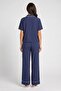 Women 2 Pieces Plain Short Sleeve Top And Pants Pajama Set, Navy Blue - 4