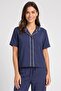 Women 2 Pieces Plain Short Sleeve Top And Pants Pajama Set, Navy Blue - 2