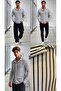 Men's Black and White Striped Waffle Fabric Long Sleeve Shirt - 2