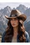 Women's Camel Cowboy Hat with Bull Buckle Leather Band Vintage Western Hat Canvas - 3