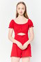 Women Off Shoulder Short Sleeve Textured Playsuit, Red