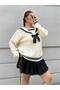 Women's Ecru Black Striped Marine Collar Bow Tie Detailed Hair Knitwear Sweater - 6