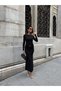 Women's Brown - Brown Long Sleeve Round Neck Waist Gathered Maxi Dress with Accessory Detail - 5