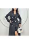 Women's Black - Black Belted Double-Breasted Long Trench Coat Jacket with Lapel Buttons and Pocket Detail - 2