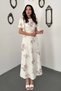 Women's Ecru Floral Patterned Atlas Midi Dress with Crew Neck and Balloon Sleeves, Fitted at the Waist - 2
