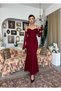 Women's Burgundy Lace Strap Heart Neckline Waist Ruffle Fitted Midi Dress - 4