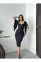 Women's Khaki - Khaki Midi Pencil Dress Square Neck Flounce Sleeve Plain Satin Event Elegance - 5