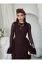 Women's Coffee Lace Midi Dress Crew Neck Long Sleeve Flounced Slim Fit - 7