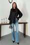 Women's Black Satin Shirt with Ruffle Detail, Long Balloon Sleeves, Buttoned, Regular Fit - 3