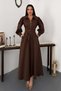 Women's Brown Long Sleeve Shirt Collar Zipper Belted Pocketed Pleated Long Dress - 2