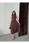 Women's Brown - Brown Polka Dot Scarf Collar Sleeveless Pleated Chiffon Maxi Dress