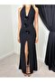 Women's Black Halter Neck Floral Appliqué Gathered Slit Long Evening Dress - 4