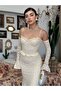 Women's Beige Lace Strap Heart Neckline Waist Ruffle Fitted Midi Dress - 5