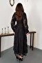 Women's Black Lace Embroidered Round Neck Balloon Sleeve Lined Maxi Dress - 5