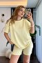 Women's Striped Short-Sleeved Suit with Shorts Yellow - 2