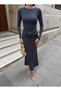 Women's Smoke - Fume Long Sleeve Round Neck Waist Gathered Maxi Dress with Accessory Detail