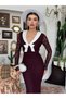 Women's Plum Lace Long Dress V-Neck Bow Detailed Long Sleeve - 5
