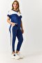 Women's Garnished V-Neck Short Sleeve Tracksuit Set Navy Blue - 2