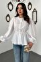Women's White Crew Neck Buttoned Balloon Sleeve Elastic Waist Cotton Peplum Blouse - 2