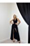 Women's Black Halter Neck Floral Appliqué Gathered Slit Long Evening Dress - 3
