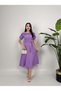 Women's Li̇lac - Li̇la Flared Midi Dress with Baby Collar, Belted Waist, Balloon Sleeves and Button Detail