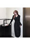 Women's Black Long sleeve Midi Dress - 5