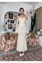 Women's Beige Lace Strap Heart Neckline Waist Ruffle Fitted Midi Dress - 4