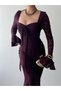 Women's Plum Lace Midi Dress with Heart Collar and Rose Detail, Long Sleeves - 3