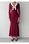 Women's Burgundy Lace Long Dress V-Neck Bow Detailed Long Sleeve - 3