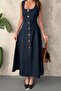 Women's Blue Sleeveless Square Neck Ornament Buttoned Lace-Up Denim Maxi Dress - 4