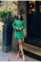Women's Green - Green Glittery Woven Zippered Jacket Skirt Set with Mini Flared Skirt