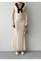 Women's Beige Lace Long Dress V-Neck Bow Detail Long Sleeve - 2