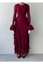 Women's Burgundy Lace Midi Dress Crew Neck Long Sleeve Flounce Slim Fit - 2